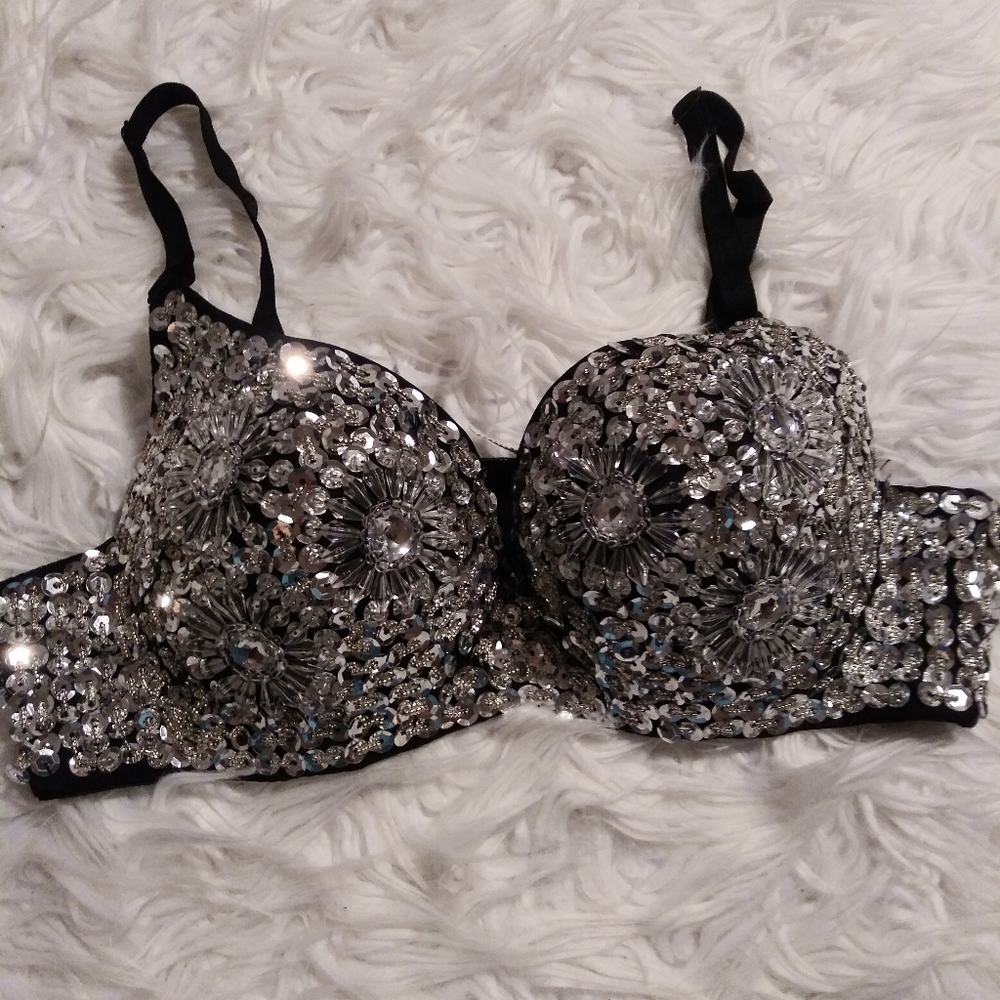 Embellished Black Sequin Push-Up Bra